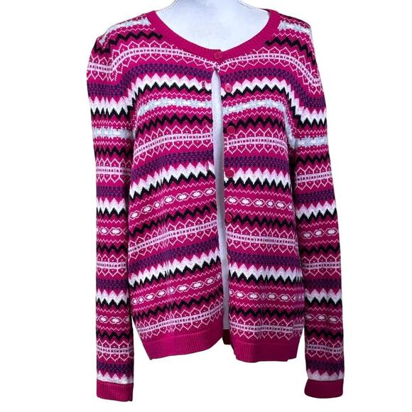 Talbots pink Fair Isle cardigan, LP, preppy, cottagecore, Nordic, cozy, bright - Picture 1 of 5